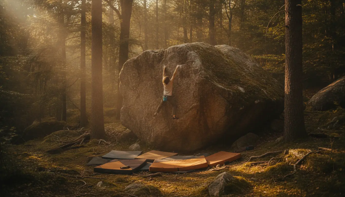 Bouldering: Ropeless climbing on short, powerful problems over pads: gym walls and outdoor blocks.