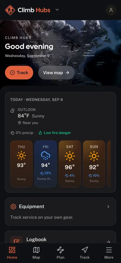 The Climb Hubs app dashboard