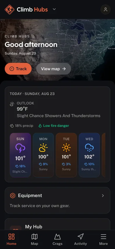 The Climb Hubs app dashboard
