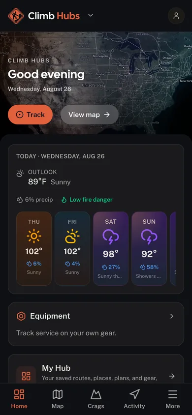 The Climb Hubs app dashboard