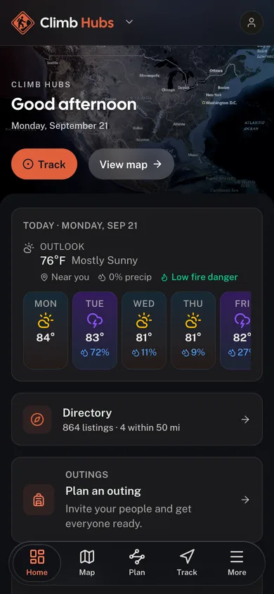 The Climb Hubs app dashboard