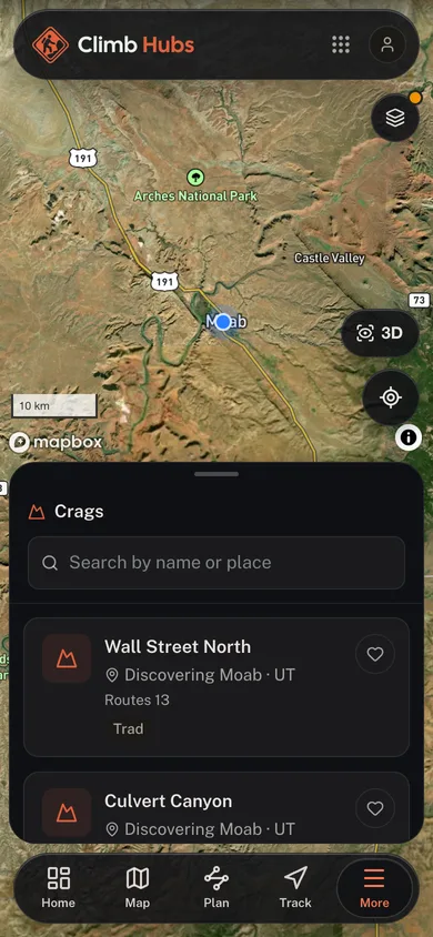 A mapped place open beside the surrounding catalog in the Climb Hubs app