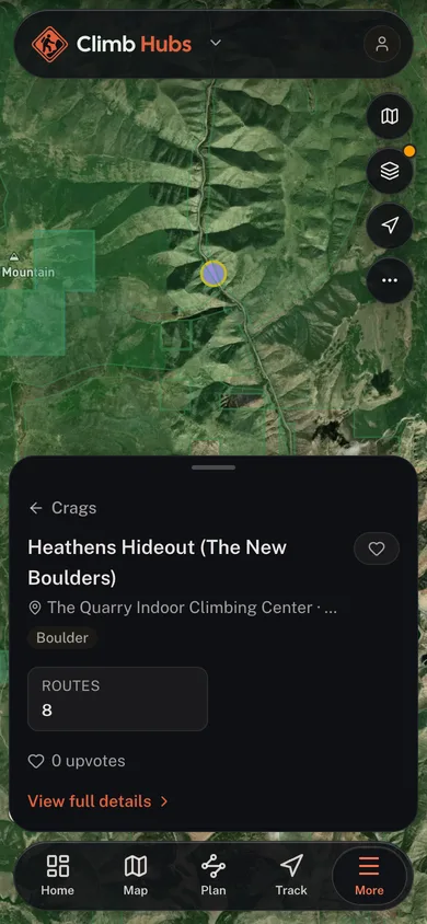 A mapped place open beside the surrounding catalog in the Climb Hubs app