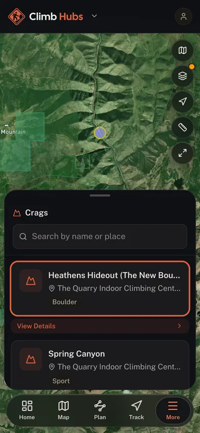 A mapped place open beside the surrounding catalog in the Climb Hubs app