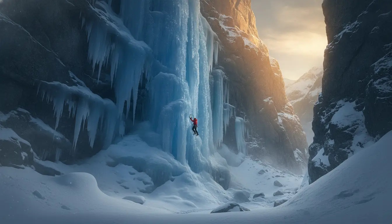 Ice: Frozen waterfalls and winter mixed routes: tools, crampons, and ice-screw protection.