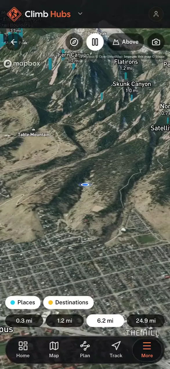 Nearby places standing on the real terrain in 3D in the Climb Hubs app