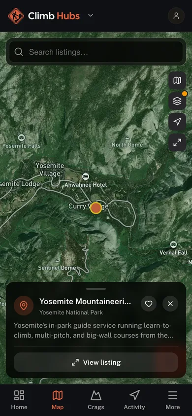 Nearby places mapped in the Climb Hubs app