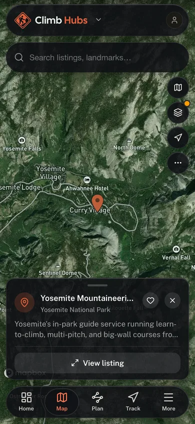 Nearby places mapped in the Climb Hubs app