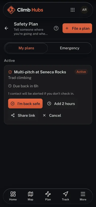 An active safety plan with its check-in time in the Climb Hubs app