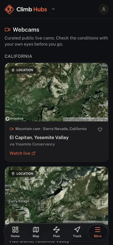 Live public webcams grouped by state in the Climb Hubs app
