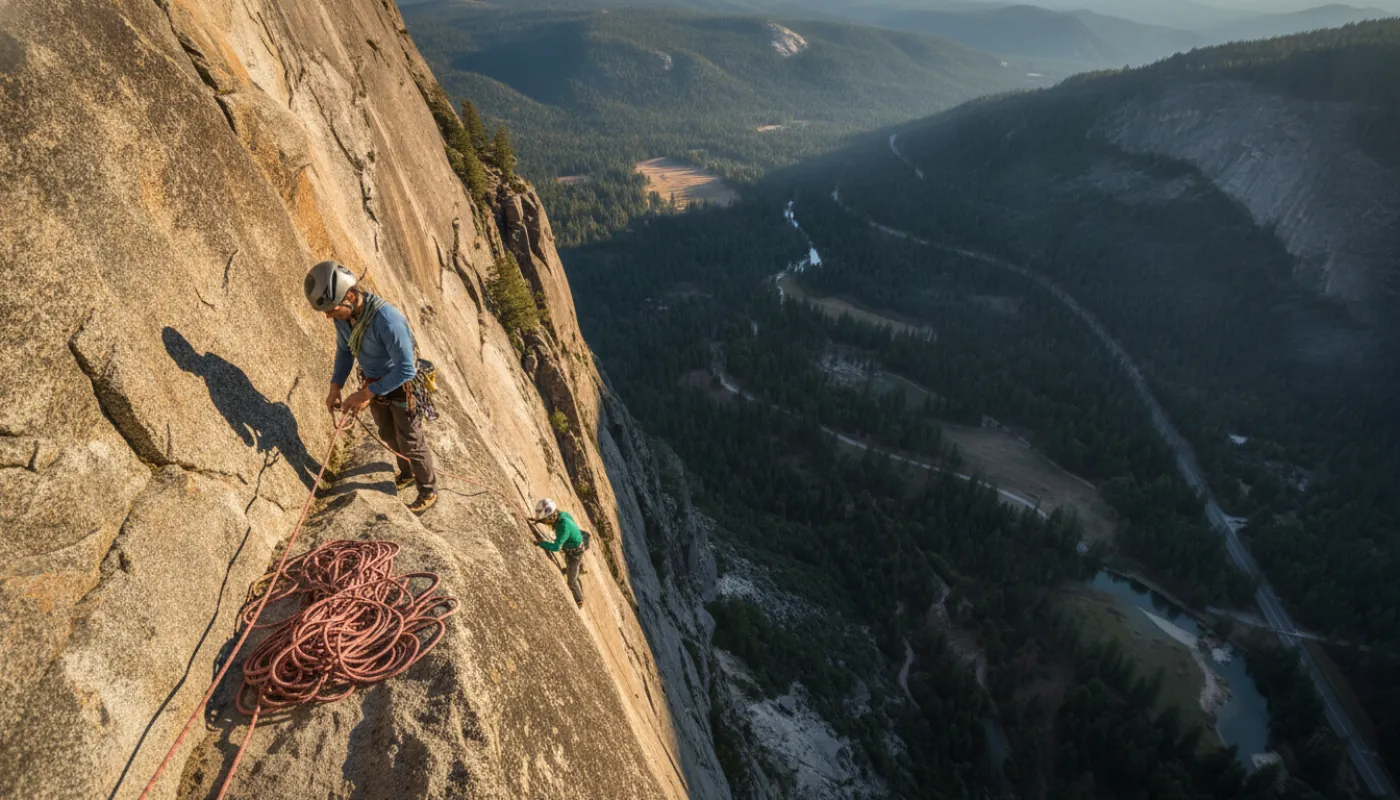 A guide belaying a client from a multi-pitch stance high on a granite face, ropes neatly stacked, valley far below