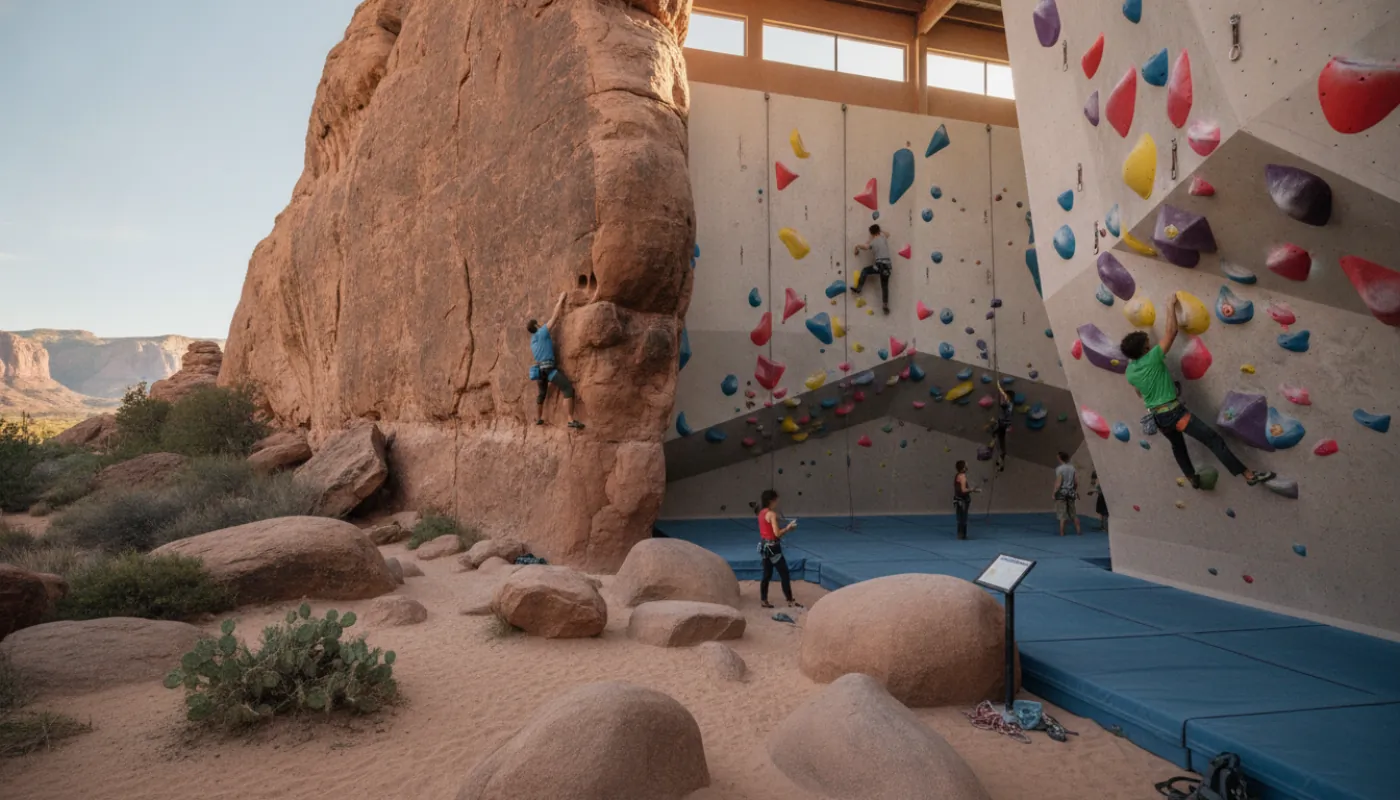 A bright, busy climbing gym with a bouldering wall in the foreground and roped routes rising behind, climbers scattered across the holds