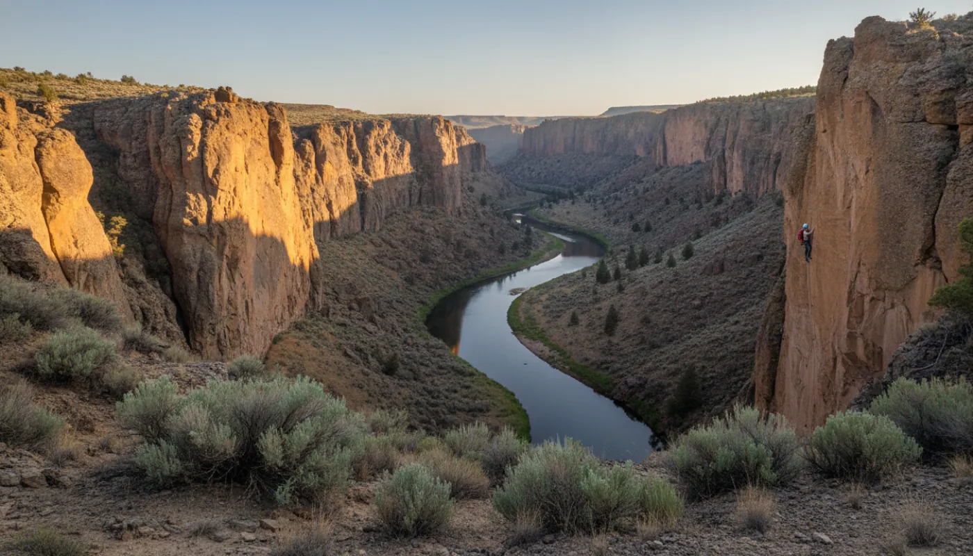 A dramatic high-desert canyon of tuff walls above a river bend, climbers small on a sunlit face, sagebrush in the foreground