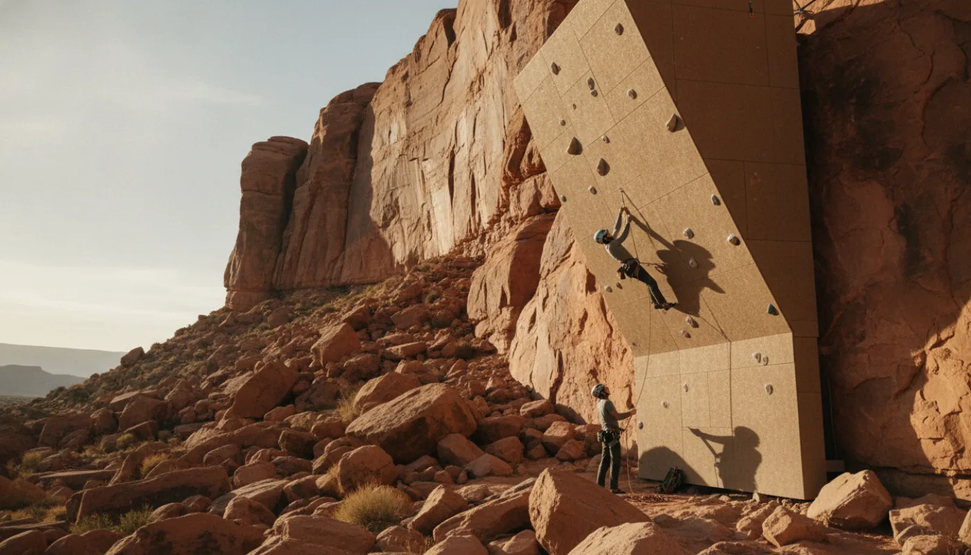 A lead climber clipping a permadraw on a steep gym wall, belayer standing close beneath with a GriGri, rope arcing between them