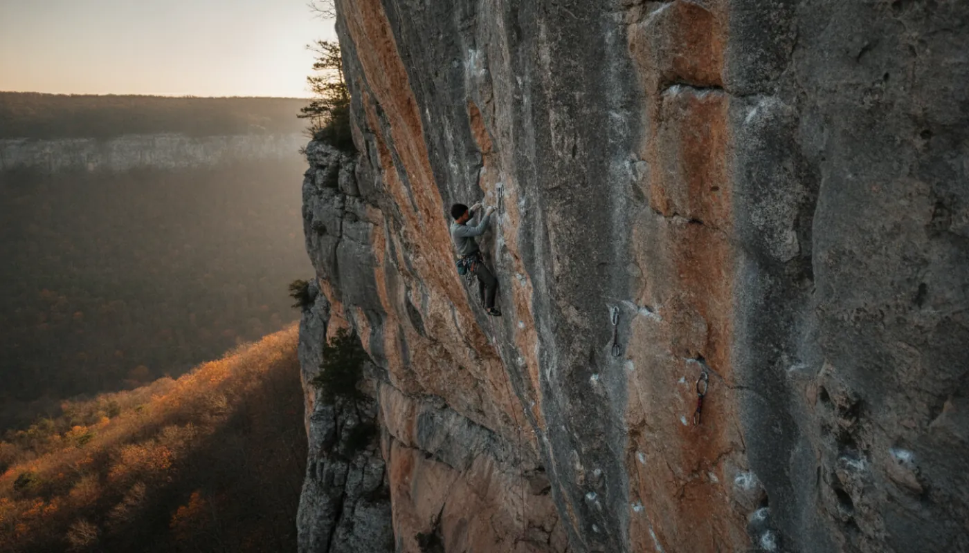A climber on a steep limestone sport route reading a sequence of small holds, rope running down to a belayer far below