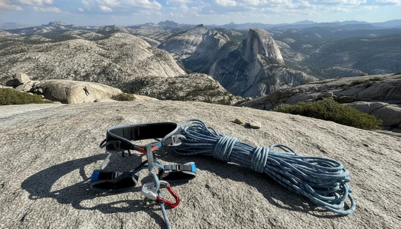 A climbing harness laid out on a slab of rock with a rope, belay device and locking carabiner, tie-in points and belay loop clearly visible