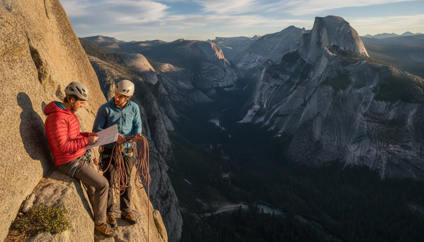 A guide and client on a granite ledge mid-route, guide coiling rope and talking through the next pitch, big exposure behind them