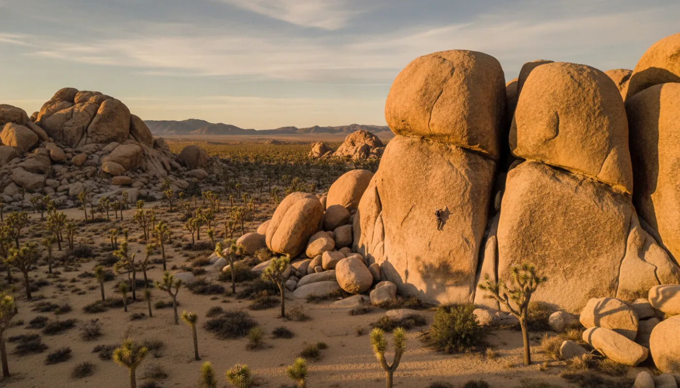 Golden-hour light on a stack of coarse monzogranite domes in the high desert, Joshua trees scattered across the sand in the foreground