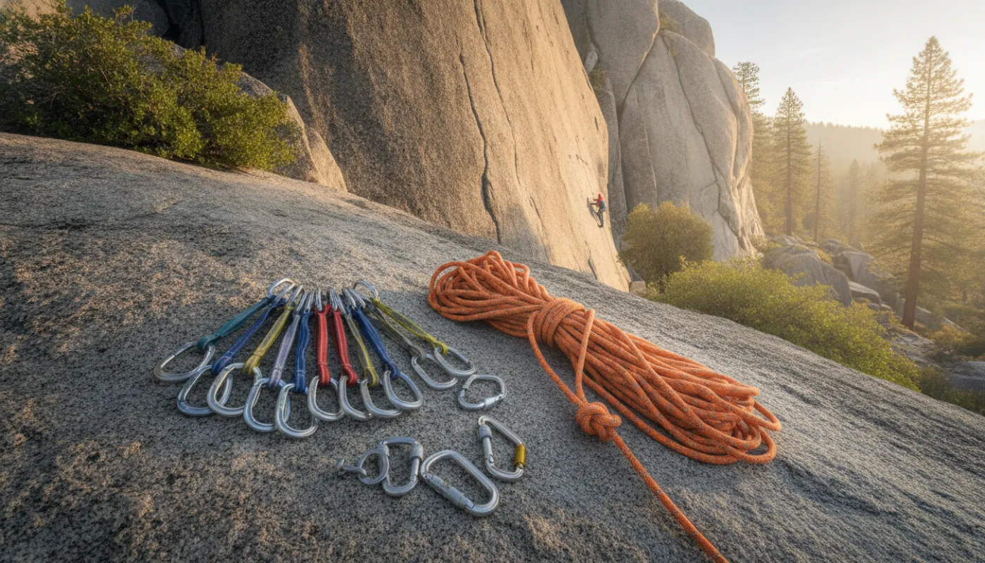 A rack of quickdraws, locking carabiners and a rope coiled on slabby rock at the base of a sport crag, morning light