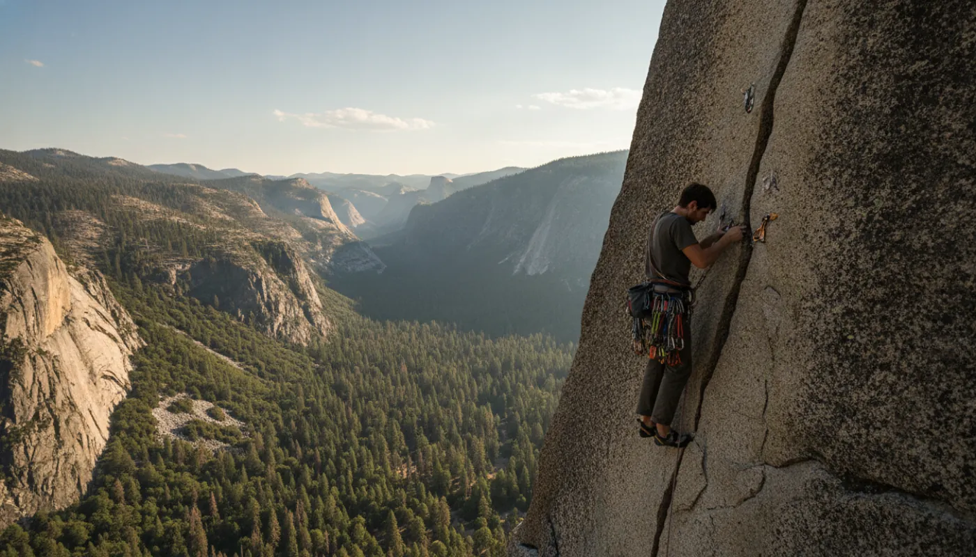 A trad climber placing a cam in a granite crack, rack of gear hanging from the harness, forest far below