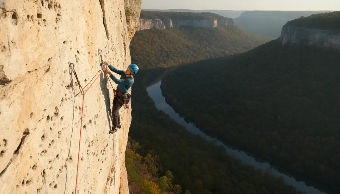 A climber clipping in direct at a two-bolt anchor high on a limestone wall, rope threaded through the rings, valley falling away below