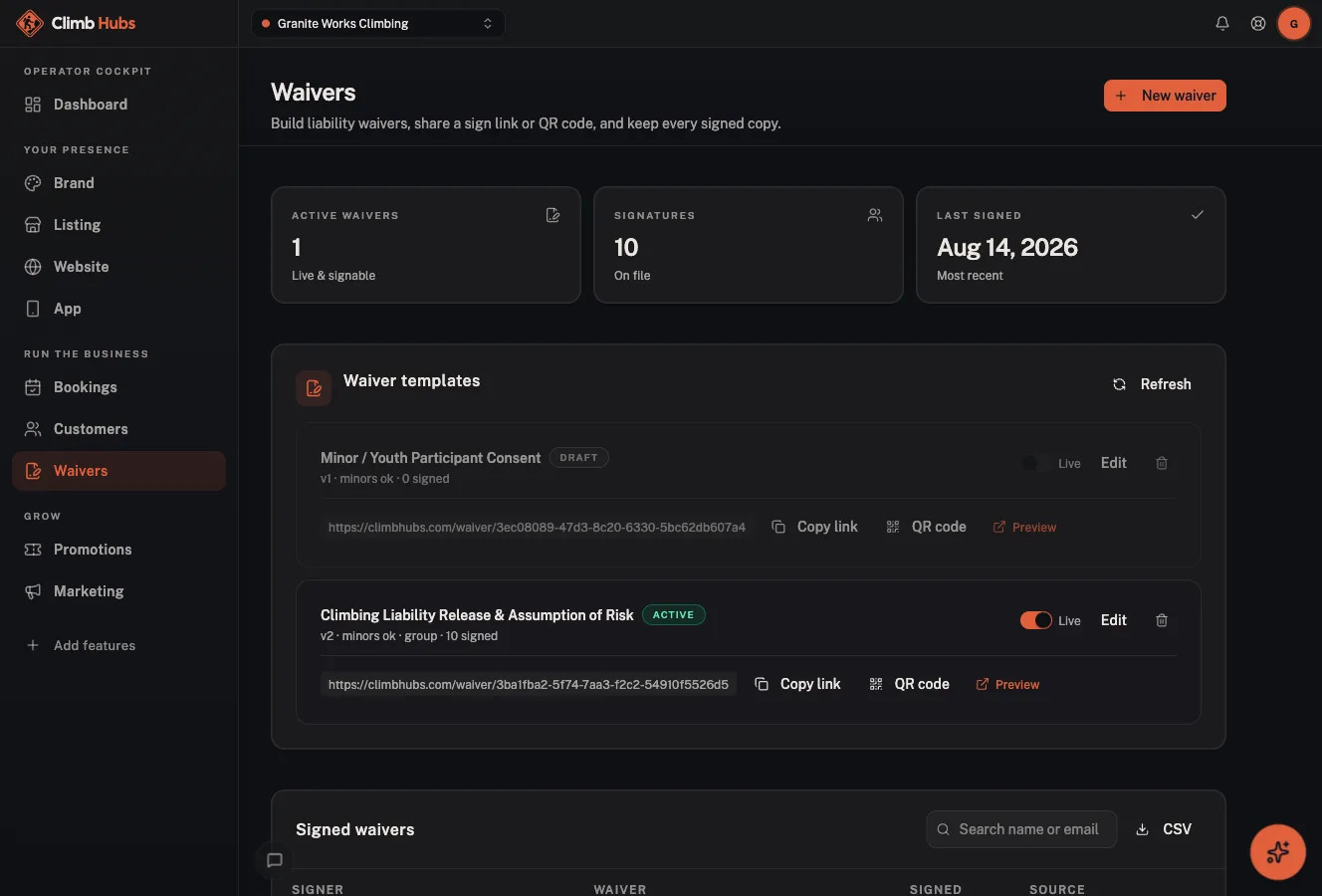 Climb Hubs cockpit: Digital waivers