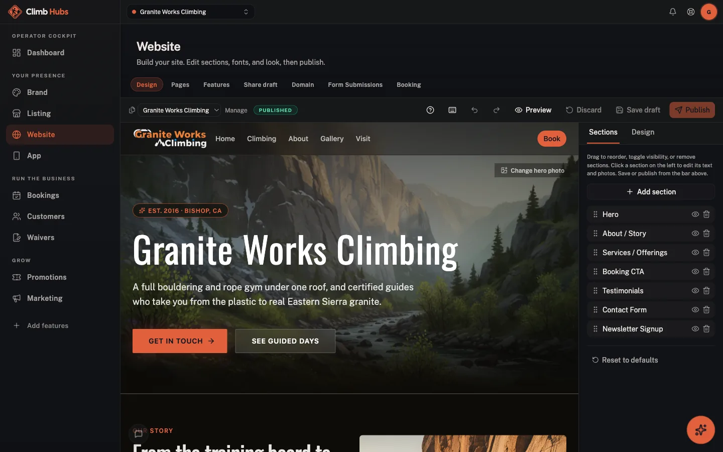 Climb Hubs cockpit: Website builder